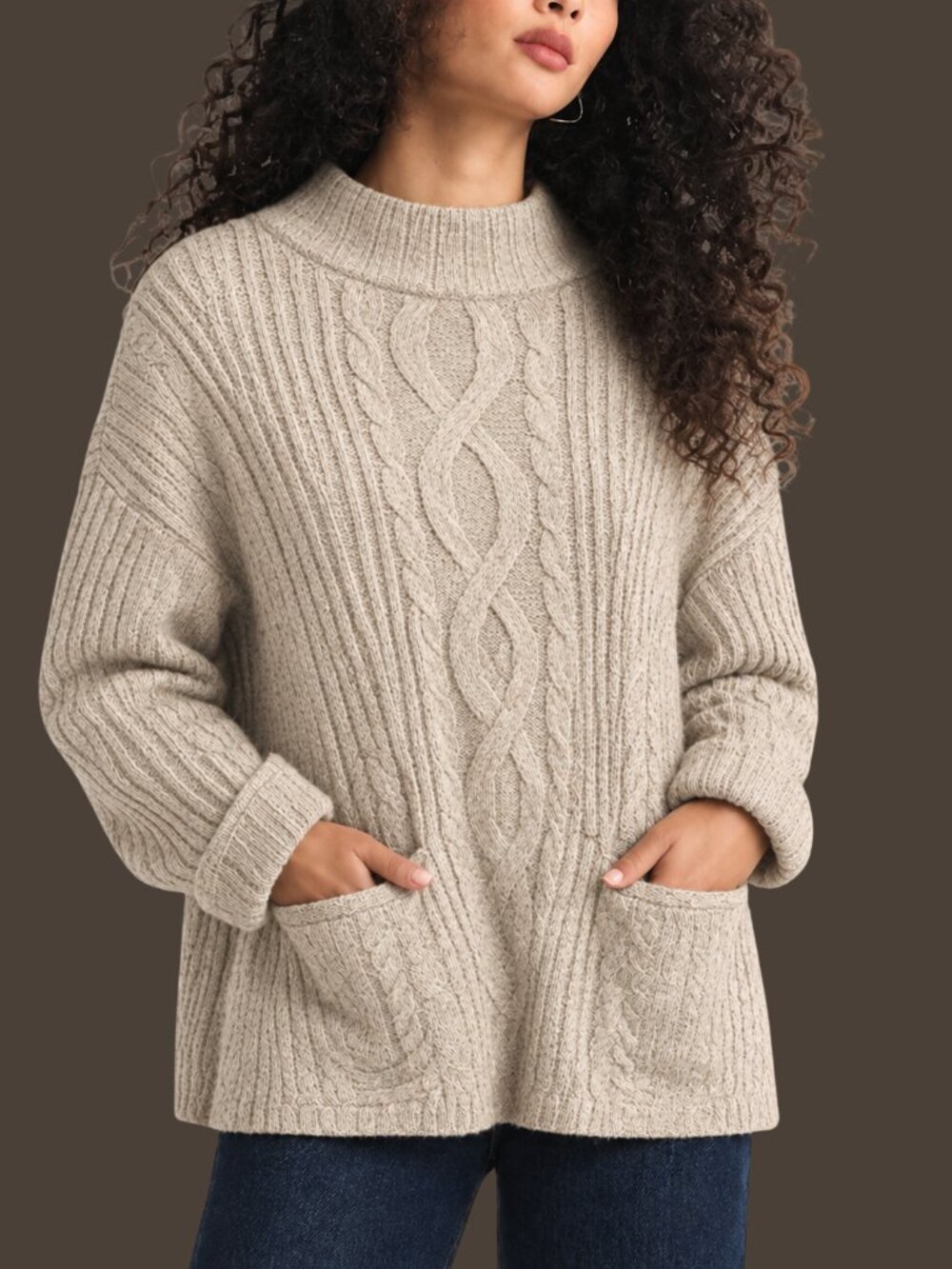 Abercrombie & Fitch Cable Knit Oversized Pocket Sweater Vintage Tan Beige Medium